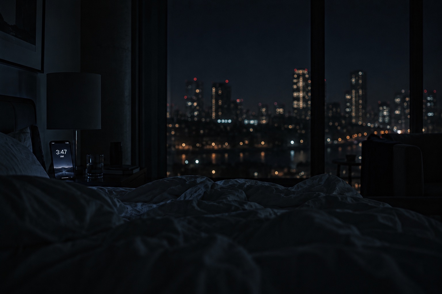 An unmade bed at 3am, a phone glowing on the nightstand, a city skyline through the window